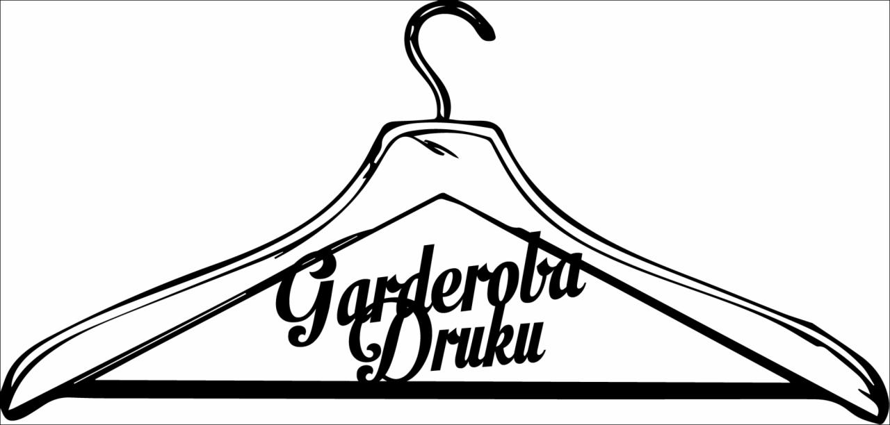 Czarno-biała grafika przedstawiająca wieszak na ubrania z napisem 'Garderoba Druku' w ozdobnej czcionce.