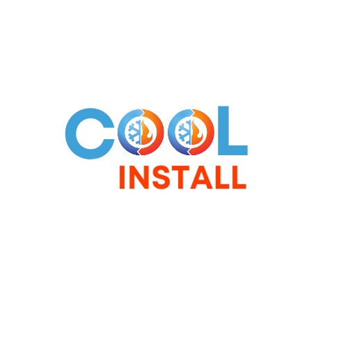 Logo firmy 'COOL INSTALL' z niebiesko-pomarańczowymi symbolami chłodzenia i ogrzewania w literach 'O', pomarańczowy napis 'INSTALL' pod spodem.