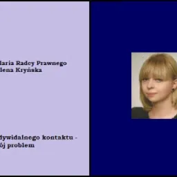 Wizytówka Kancelarii Radcy Prawnego Magdalena Kryńska z inicjałami MK i zdjęciem portretowym kobiety z blond włosami.