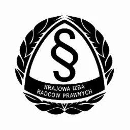 Czarno-białe logo Krajowej Izby Radców Prawnych, paragraf w trójkącie otoczonym wieńcem laurowym.