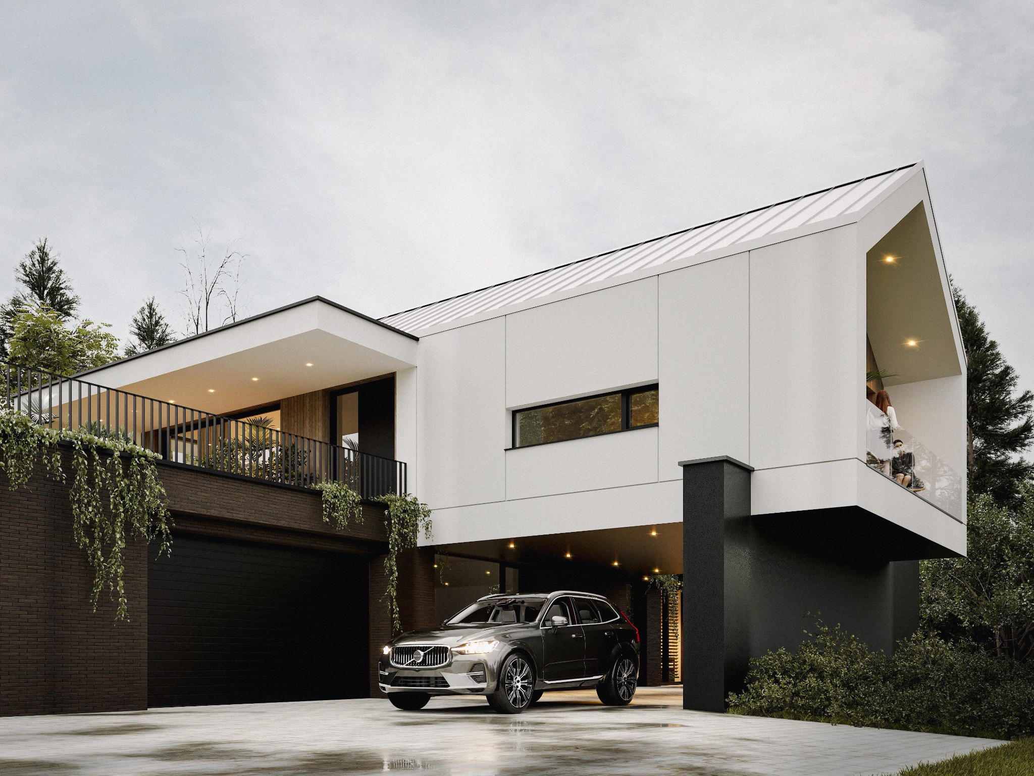 Nowoczesny dom z garażem i balkonem, biała elewacja z elementami cegły, szary samochód na podjeździe, zieleń pnąca się po balkonie.