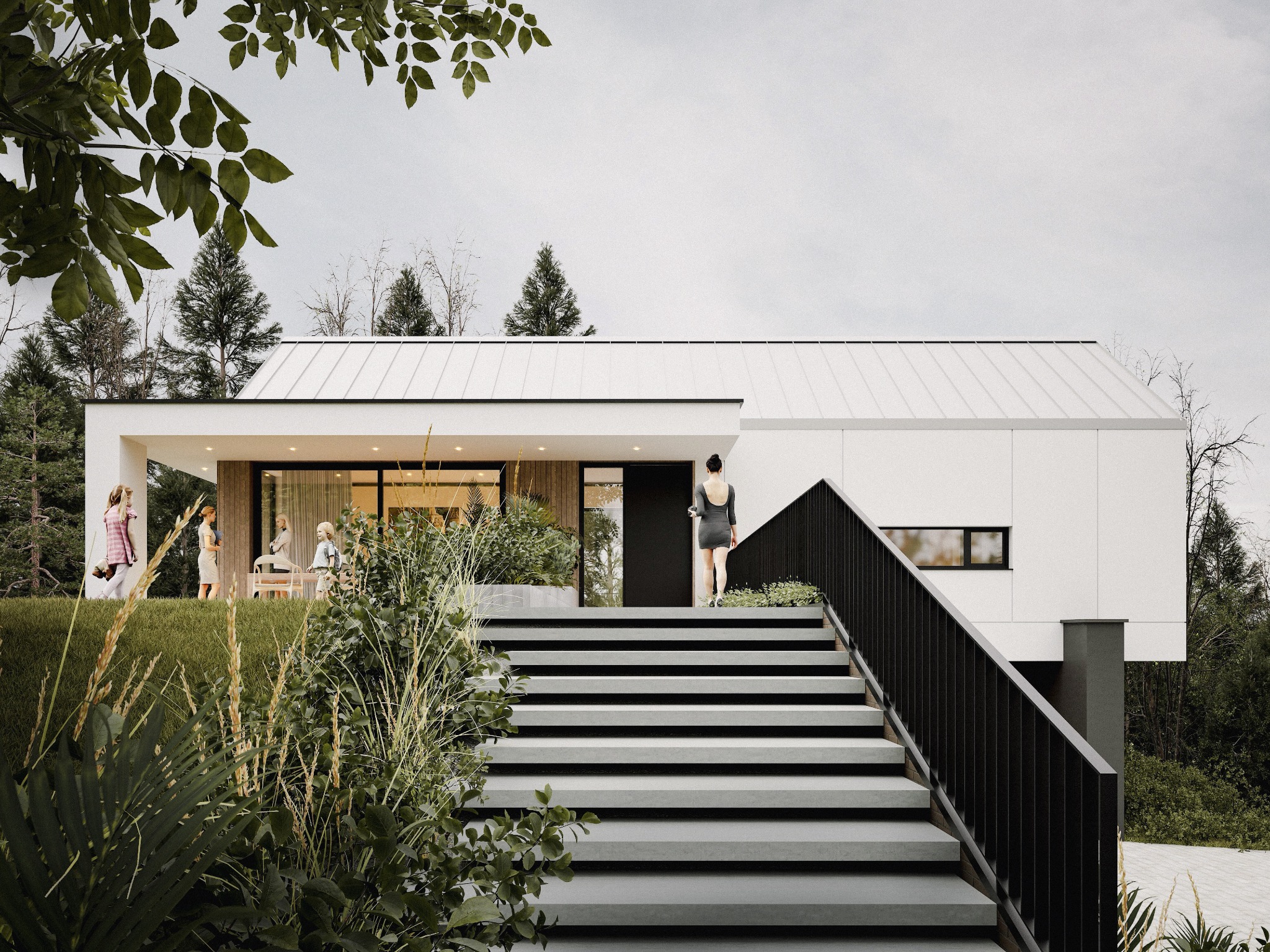 Nowoczesny dom z białymi ścianami i dachem, widoczny z dołu schodów. Minimalistyczny design, zieleń w tle i osoby na tarasie dodają życia.