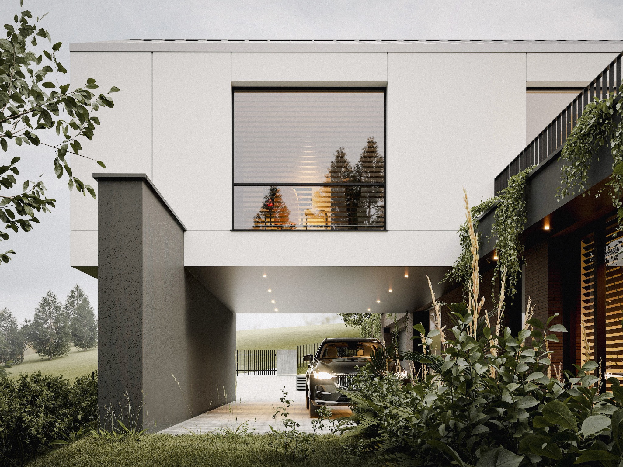 Nowoczesny dom z garażem w bryle, minimalistyczna elewacja, duże okno z odbiciem drzew, bujna roślinność w otoczeniu, samochód w garażu, oświetlenie zewnętrzne.