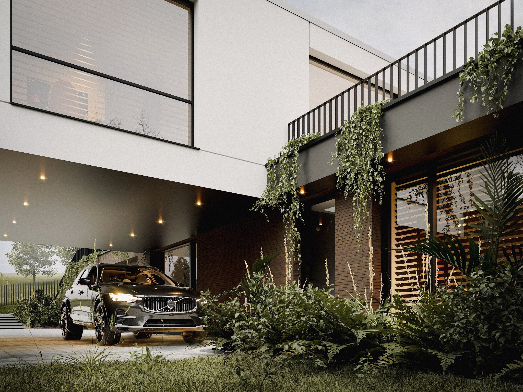 Nowoczesny dom z płaskim dachem, balkonem porośniętym zielenią i podjazdem z zaparkowanym samochodem. Minimalistyczna architektura z elementami naturalnej roślinności.