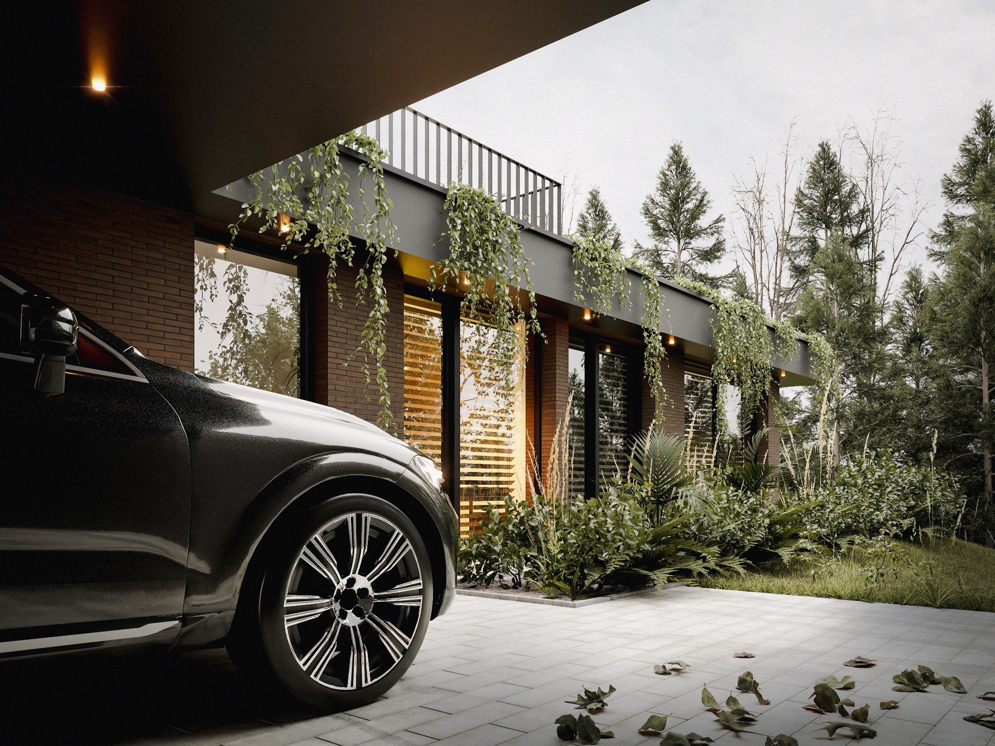 Nowoczesny dom z cegły klinkierowej, porośnięty zielenią, z czarnym autem na podjeździe z kostki. Minimalistyczny design, oświetlenie zewnętrzne, roślinność ozdobna.
