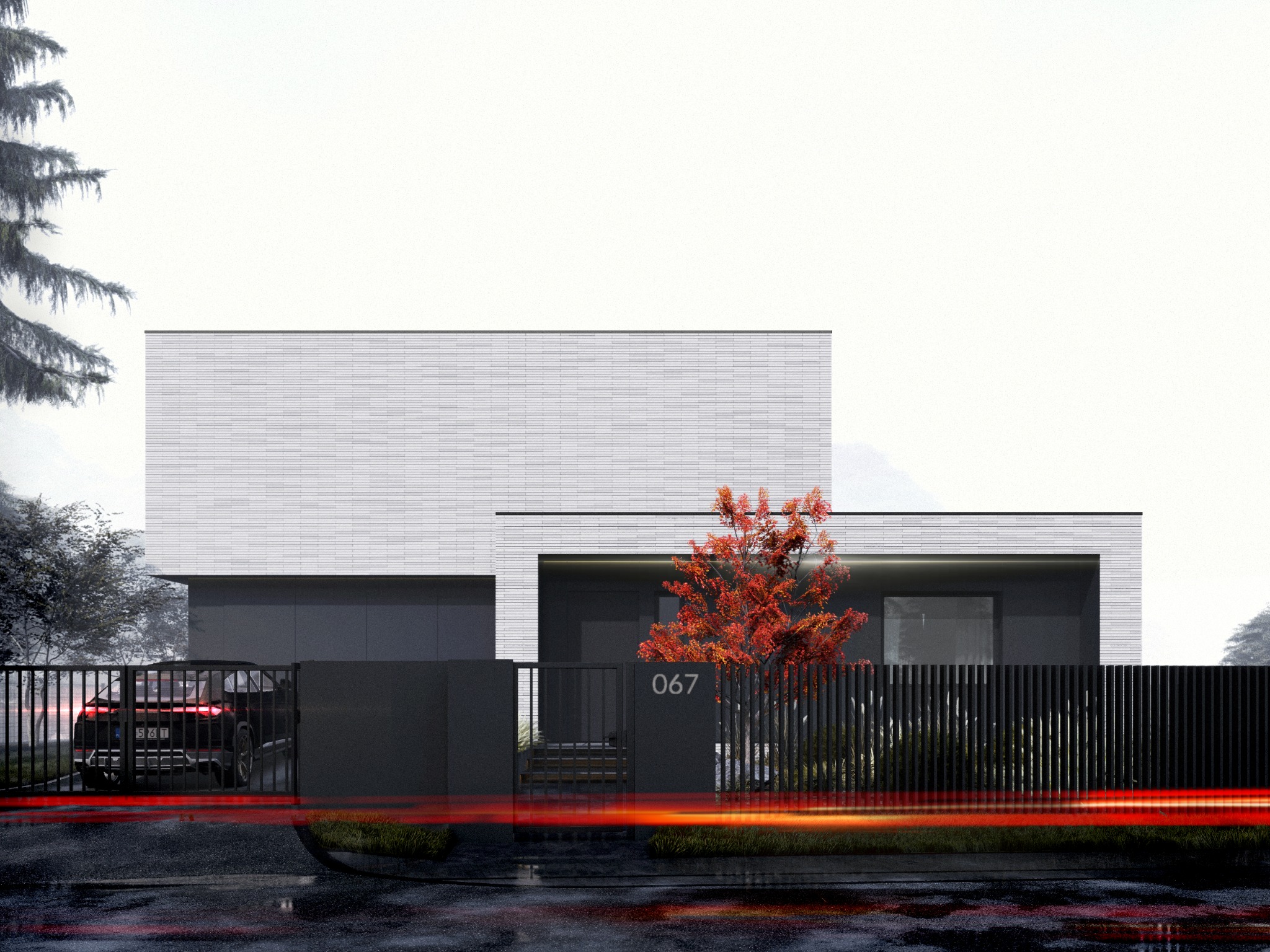 Nowoczesny dom z białej cegły, czarne ogrodzenie z numerem 067, drzewo o czerwonych liściach. Rozmyte światła samochodu dodają dynamiki. Minimalistyczny design.