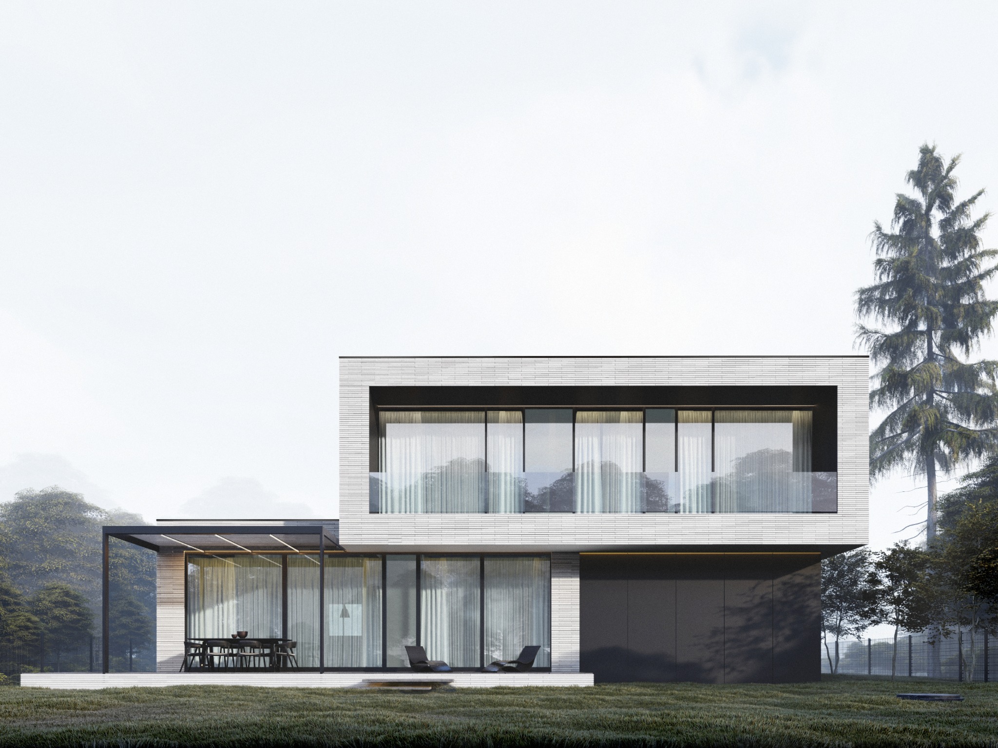 Nowoczesny, dwukondygnacyjny dom z białej cegły z dużymi oknami i tarasem, otoczony zielenią. Minimalistyczny design, stonowana kolorystyka, wysokie drzewo w tle.