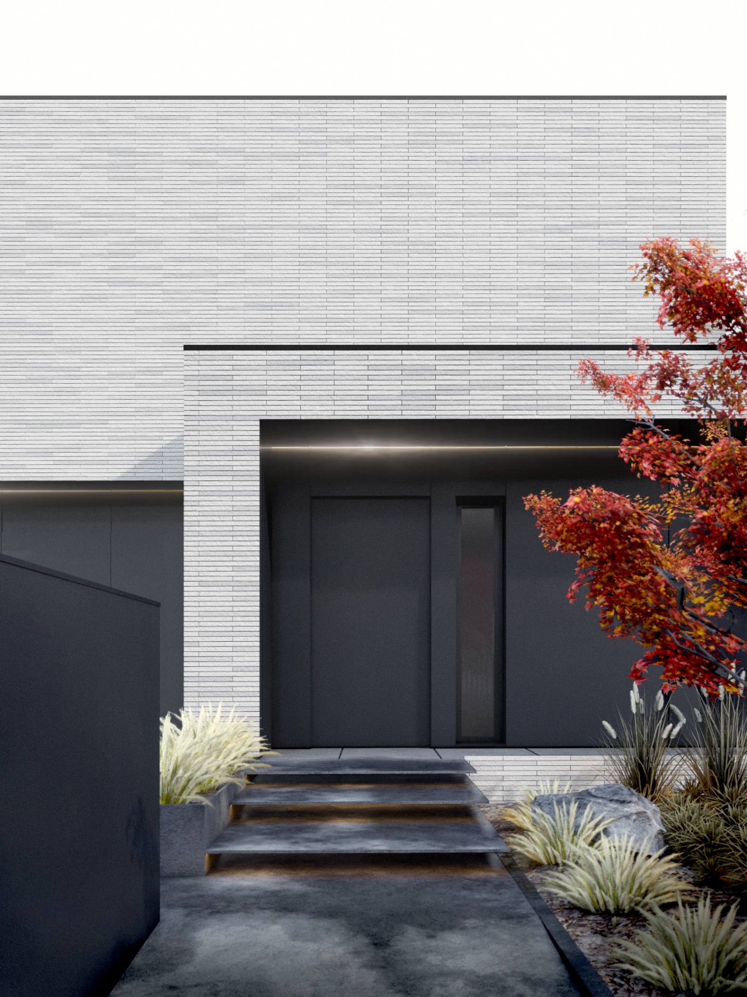 Minimalistyczna elewacja domu z białej cegły, ciemne drzwi wejściowe, schody z podświetleniem i roślinność ozdobna z akcentem czerwonego klonu japońskiego.