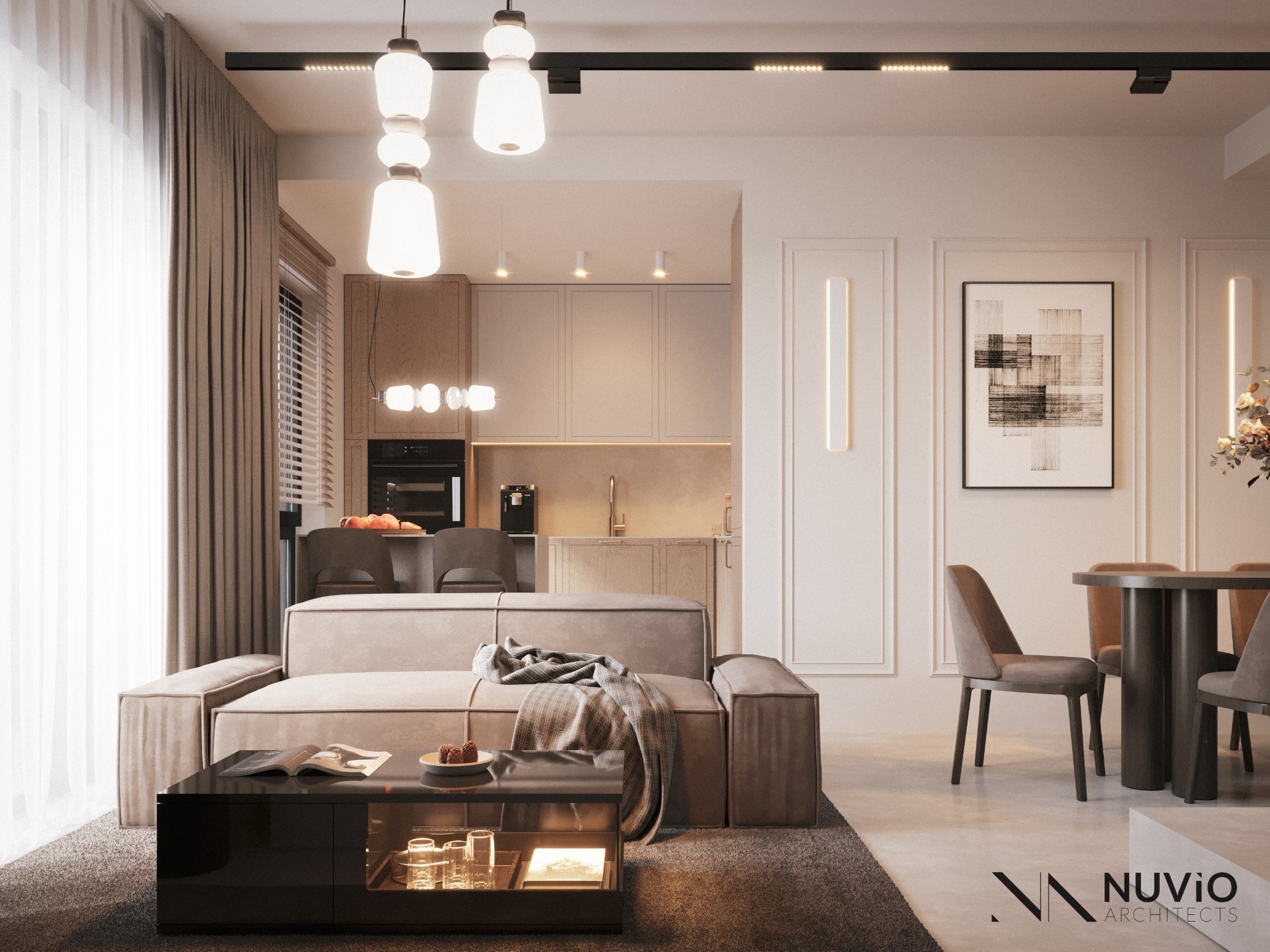 Wnętrze salonu z aneksem kuchennym w neutralnych barwach. Sofa z narzutą, stolik kawowy, stół z krzesłami. Oświetlenie sufitowe i dekoracyjne panele ścienne.