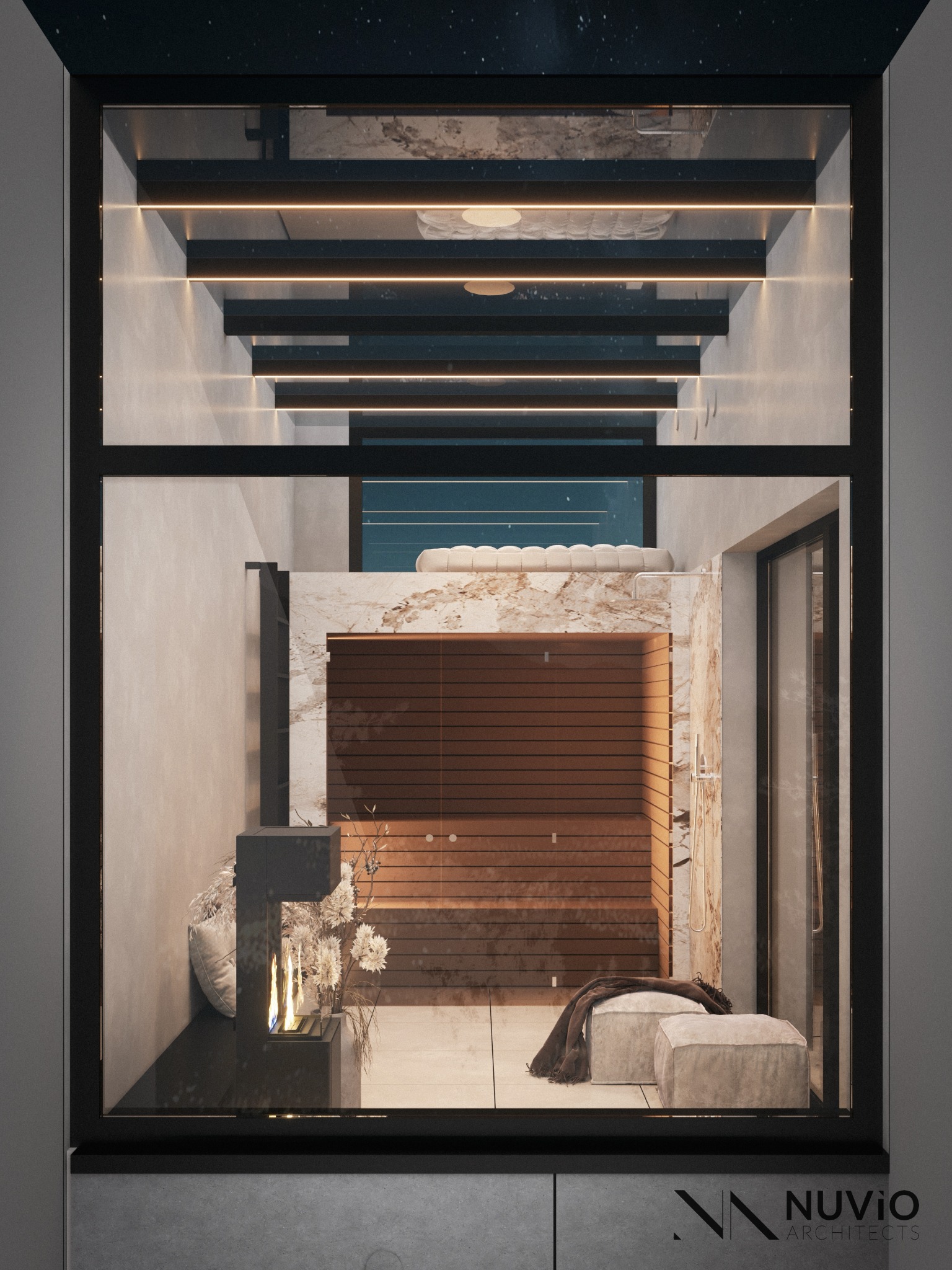 Nowoczesna aranżacja wnętrza z sauną, widoczna przez okno. Minimalistyczny design, drewniane elementy, marmurowe wykończenia i dekoracyjny biokominek tworzą relaksującą atmosferę.