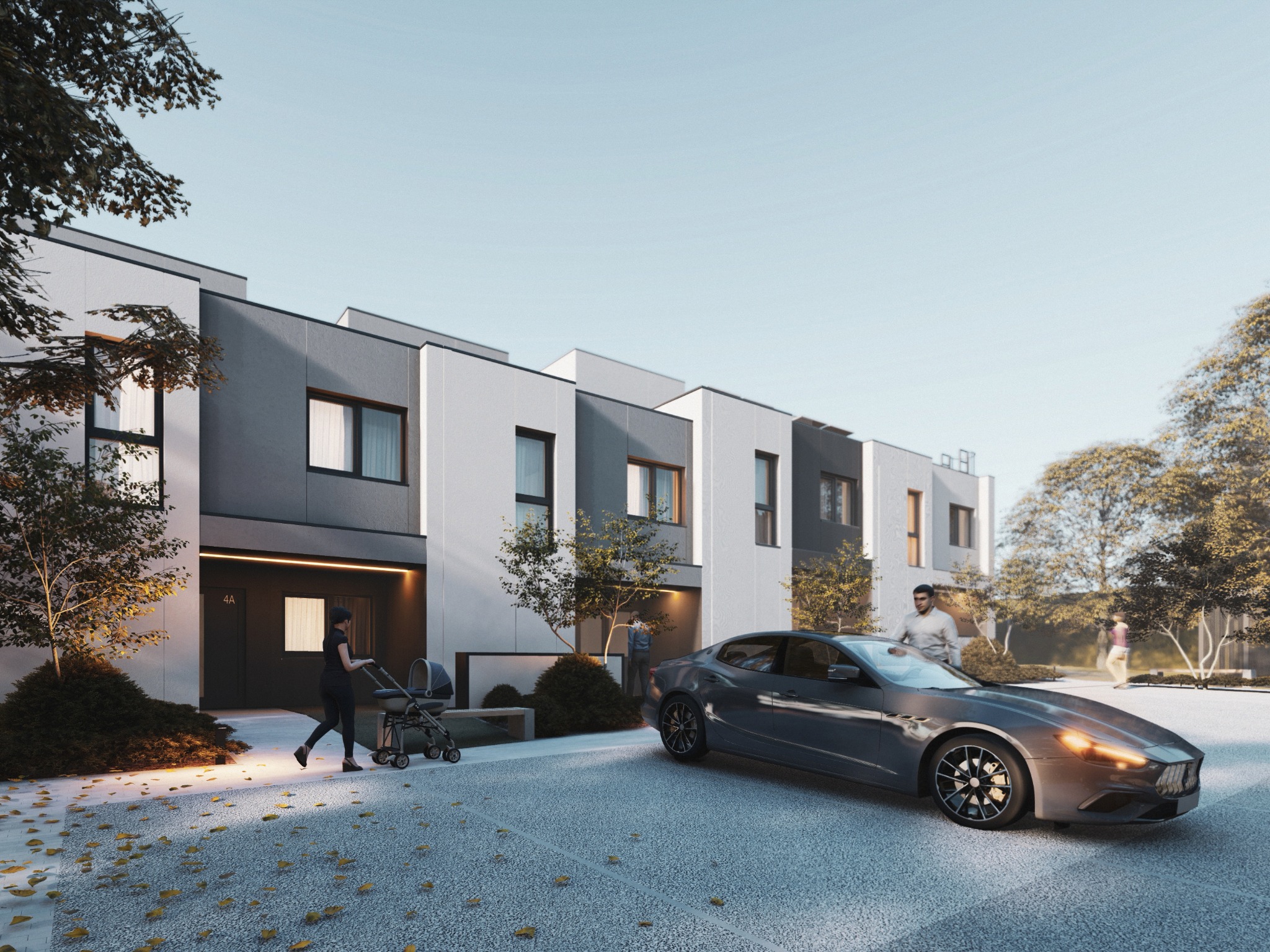 Nowoczesne szeregowe domy z szarymi akcentami, podjazdem z kostki, samochodem i osobami. Minimalistyczna architektura z oświetleniem LED nad wejściem.