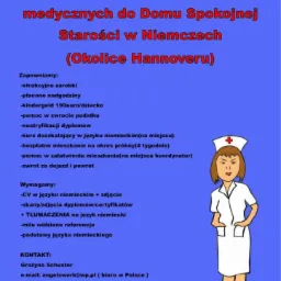 Ogłoszenie o pracę dla pielęgniarki/opiekuna medycznego w Niemczech, z rysunkową grafiką pielęgniarki i informacjami o warunkach zatrudnienia i wymaganiach.