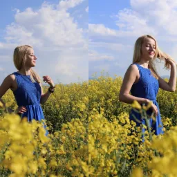 Dwie identyczne fotografie młodej kobiety w niebieskiej sukience, stojącej w kwitnącym na żółto polu rzepaku, na tle błękitnego nieba z chmurami. Na pierwszym zdjęciu kobieta patrzy w lewo,...