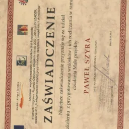 Certyfikat ukończenia szkolenia z przygotowania wniosków o dotacje unijne w ramach Programu Rozwoju Obszarów Wiejskich, wydany 28.08.2012.