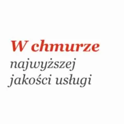 Tekst na białym tle: 'W chmurze najwyższej jakości usługi', słowo 'W chmurze' w kolorze czerwonym, reszta tekstu w kolorze szarym.