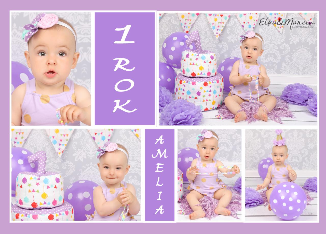 Kolaż zdjęć z sesji roczkowej dziewczynki o imieniu Amelia w Wieruszowie, z fioletowymi dekoracjami, balonami w kropki i ozdobnym tortem.