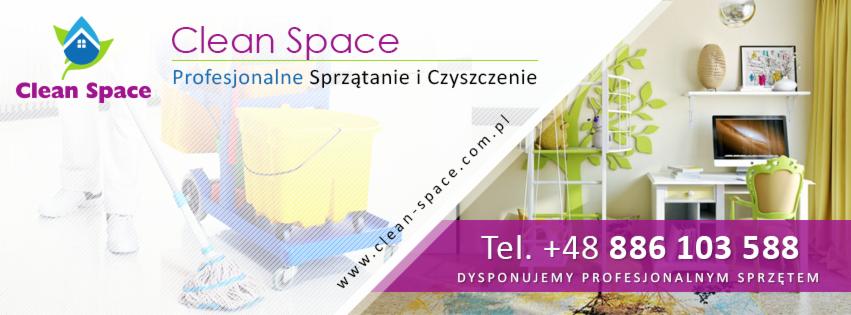 Grafika reklamowa firmy sprzątającej Clean Space z mopem, wiadrem na kółkach i numerem telefonu na tle pokoju dziecięcego z biurkiem i komputerem.