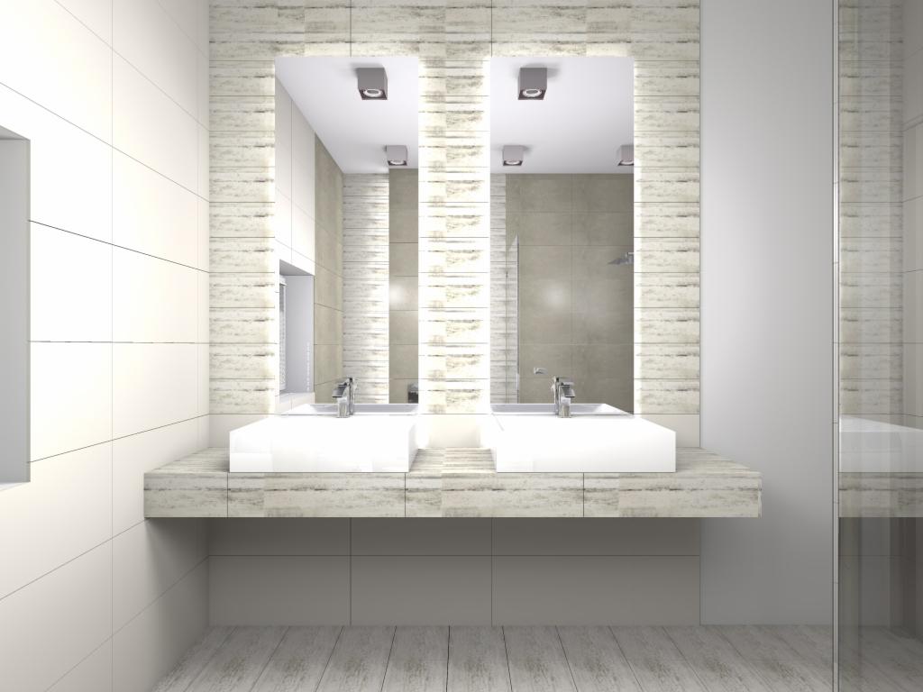 Nowoczesna łazienka z dwoma umywalkami nablatowymi i dużymi lustrami w obramowaniu z płytek imitujących drewno, oświetlenie punktowe sufitowe.