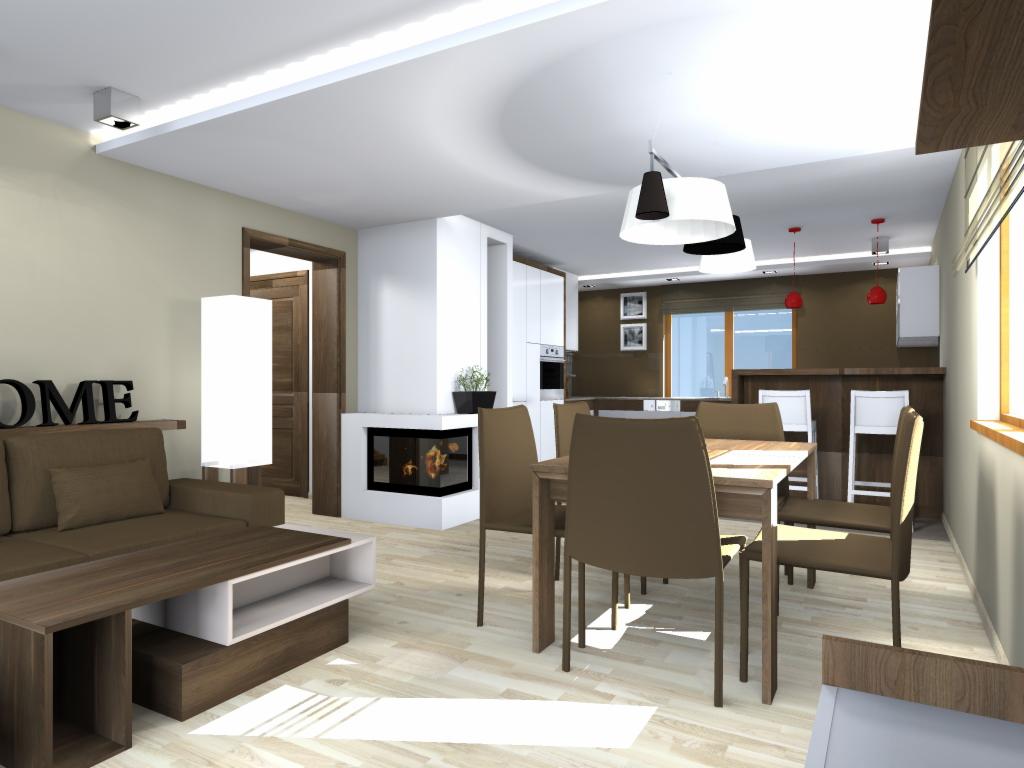 Wizualizacja wnętrza salonu z jadalnią: brązowa sofa z napisem HOME na ścianie, kominek w zabudowie, drewniany stół jadalny z krzesłami, kuchnia w tle.