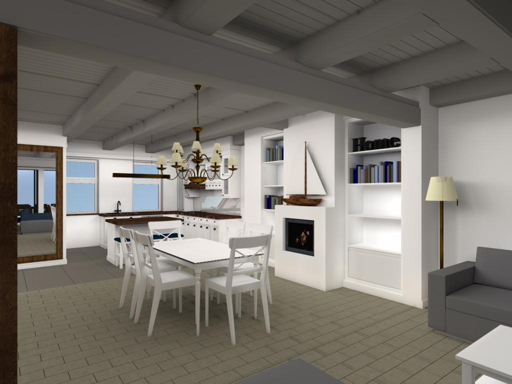 Wizualizacja przestronnego wnętrza: jadalnia z białym stołem i krzesłami, kuchnia z wyspą, kominek z żaglówką, regały z książkami, szary narożnik, drewniane belki sufitowe i podłoga z płytek.