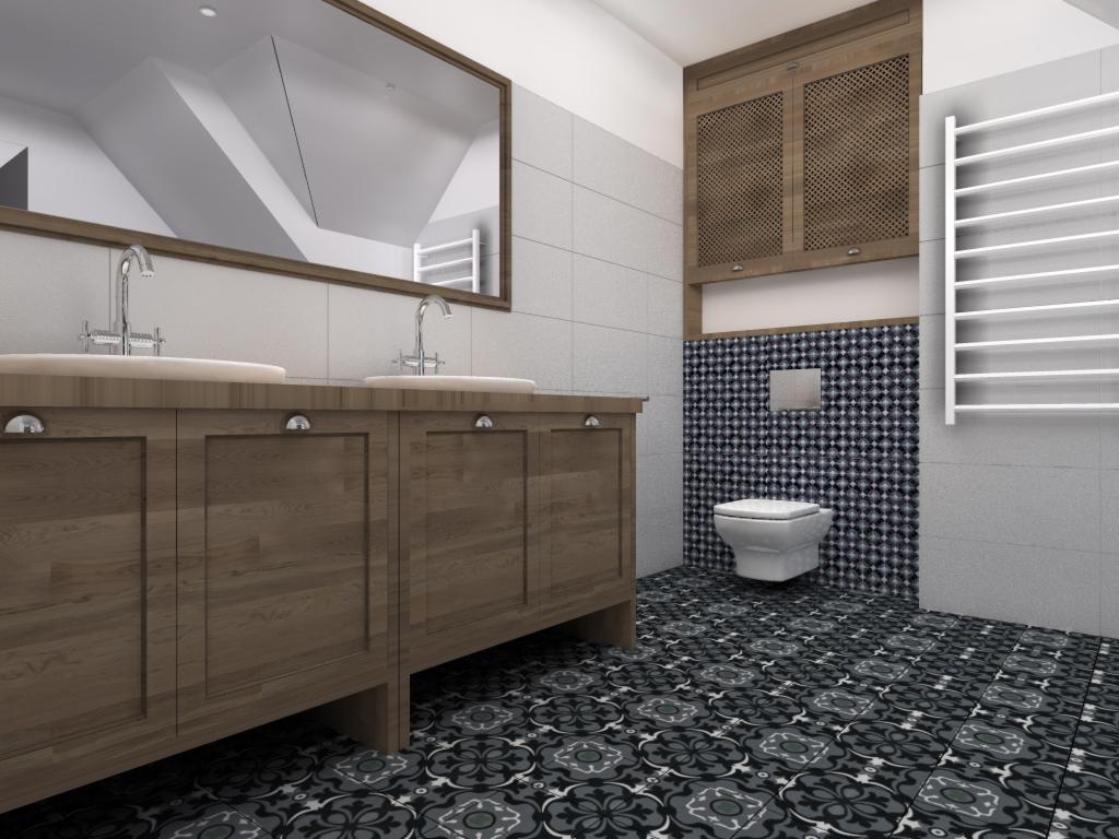 Wizualizacja łazienki z drewnianą szafką pod umywalkami, wzorzystą podłogą i ścianą za toaletą, oraz grzejnikiem drabinkowym.