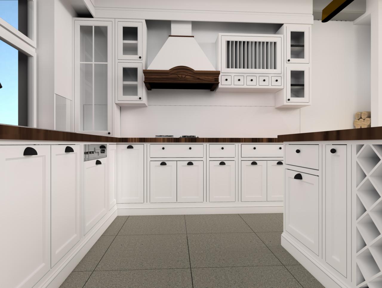 Wizualizacja białej kuchni z drewnianymi blatami i okapem, szare płytki podłogowe, widok na szafki z przeszklonymi frontami i wnęką na wino po prawej stronie.