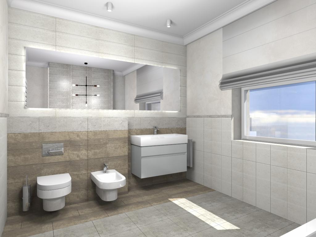 Jasna łazienka z płytkami w odcieniach szarości i beżu, wisząca toaleta i bidet, szafka z umywalką oraz duże lustro z oświetleniem LED odbijające nowoczesną lampę sufitową.