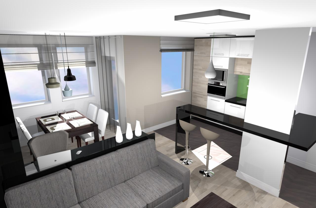 Wizualizacja wnętrza: szara sofa, czarny blat baru z hokerami, stół z nakryciem i krzesłami, białe wazony dekoracyjne, okna z żaluzjami i wiszące lampy.