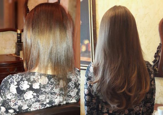 Porównanie włosów przed i po zabiegu: po lewej włosy z widocznymi odrostami i nierówną strukturą, po prawej gładkie, wystylizowane włosy w odcieniu chłodnego blondu.
