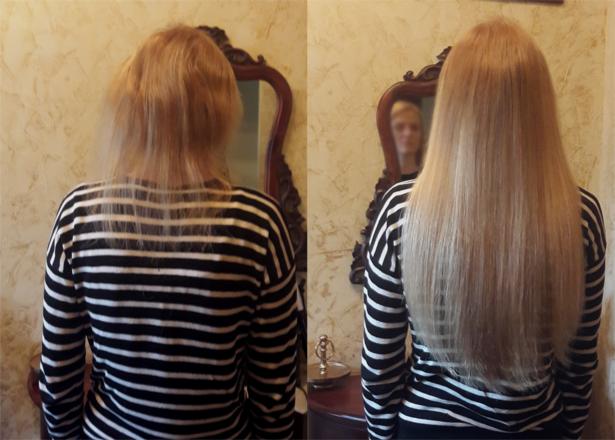 Porównanie wyglądu włosów przedłużonych: po lewej stronie włosy przed zabiegiem, po prawej efekt końcowy - długie, proste, blond włosy.