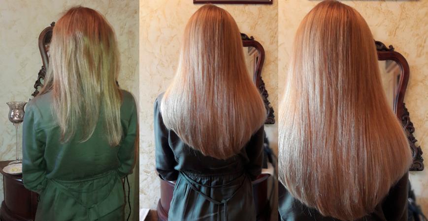 Trzy ujęcia włosów klientki przed i po zabiegu koloryzacji i strzyżenia, widok z tyłu na tle ściany z dekoracyjną tapetą.