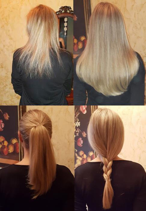 Kolaż czterech zdjęć przedstawiających metamorfozę włosów: przedłużanie i stylizacja, widok z tyłu, różne upięcia.