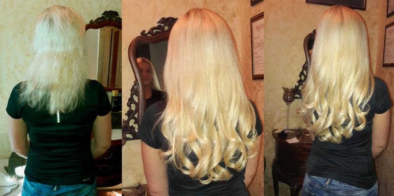 Metamorfoza włosów blond: od prostych, potarganych do długich, kręconych loków, widok z tyłu, trzy etapy na jednym zdjęciu.