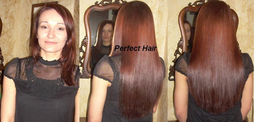 Prezentacja długich, prostych, mahoniowych włosów kobiety, widok z przodu i tyłu, z odbiciem w lustrze