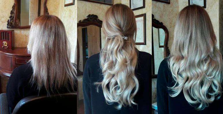 Koloryzacja włosów blond ombre z upięciem, widok z tyłu, prezentacja przed i po zabiegu.