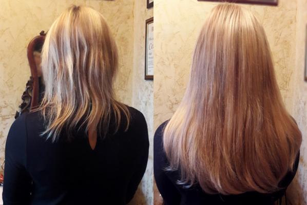 Metamorfoza włosów blond: widok z tyłu, po lewej włosy przedłużone, po prawej efekt końcowy z wygładzoną strukturą.