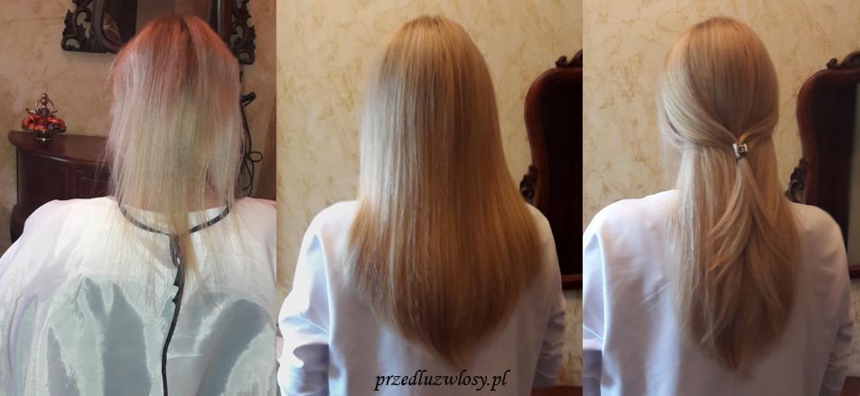 Trzy etapy metamorfozy długich, blond włosów: przed strzyżeniem, po wyprostowaniu i po częściowym upięciu z ozdobną spinką.