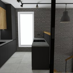 Kuchnia w Open space, biuro w mieszkaniu w stylu loftowym, 2022r.
