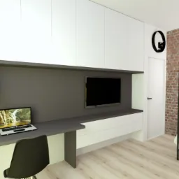 Wizualizacja pokoju z biurkiem, laptopem, żółtą lampką, telewizorem i łóżkiem z baldachimem na tle ściany z czerwonej cegły.