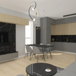 Nowoczesne wnętrze mieszkania z otwartą kuchnią, szarymi meblami, drewnianymi akcentami i czarnym marmurem na ścianie oraz blacie, oświetlone designerskimi lampami.