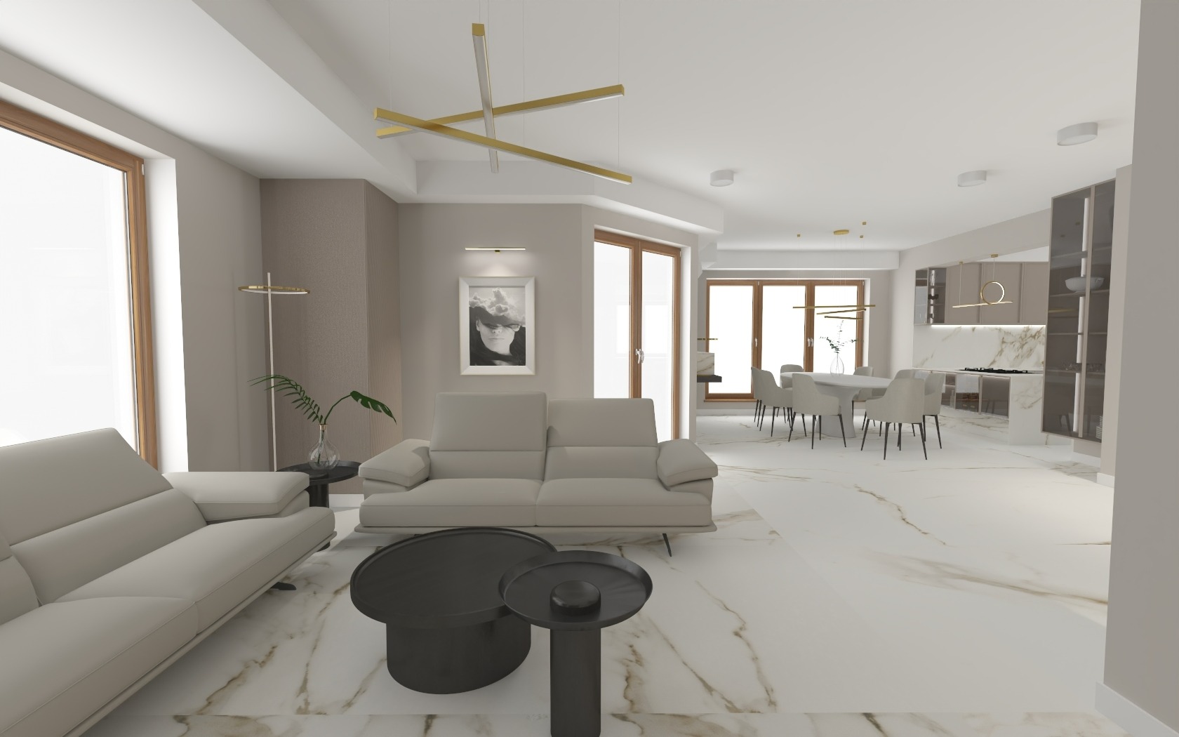 Dom w stylu modern classic, salon, jadalnia, 2023r
