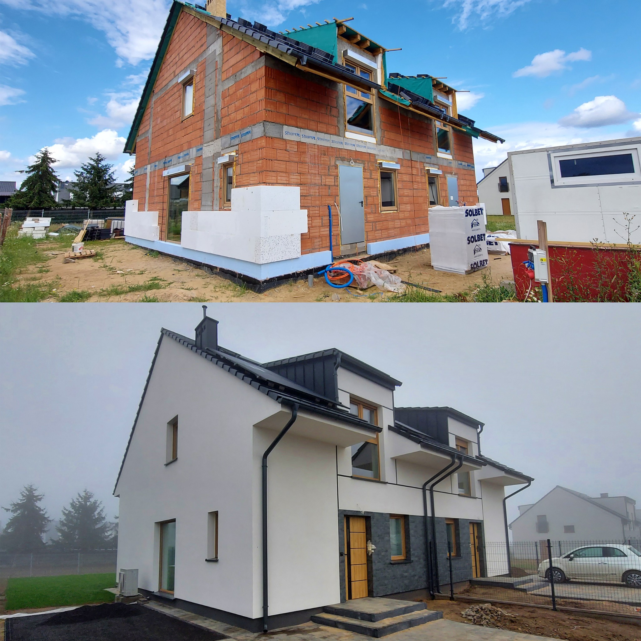 Porównanie dwóch etapów budowy domu: stan surowy otwarty z czerwonej cegły i ociepleniem styropianem oraz gotowa elewacja w kolorze białym z elementami grafitowymi.