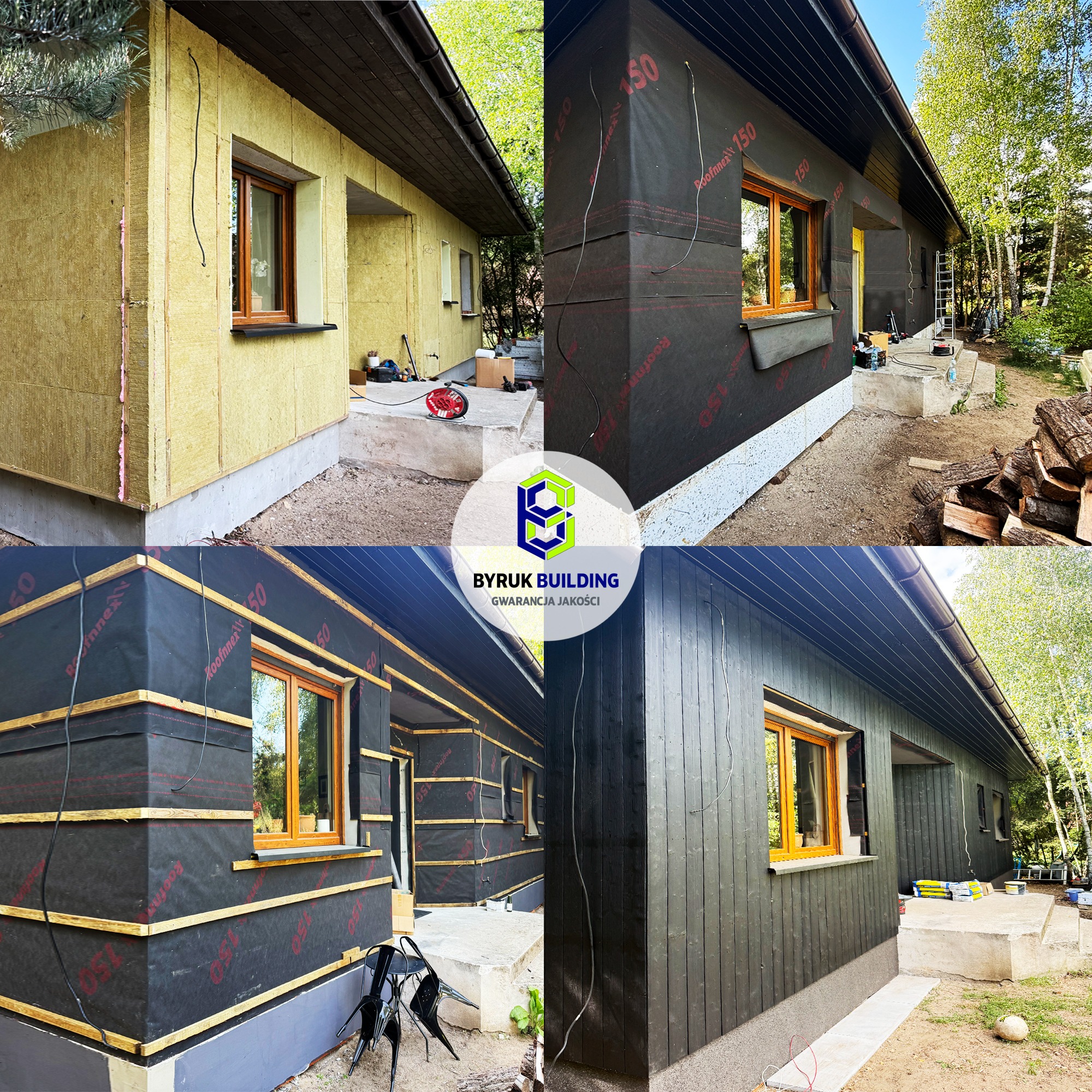 Montaż ocieplenia domu w czterech etapach: izolacja, folia, listwy i malowanie na ciemny kolor. Widoczne narzędzia i materiały budowlane. Ujęcie z zewnątrz.