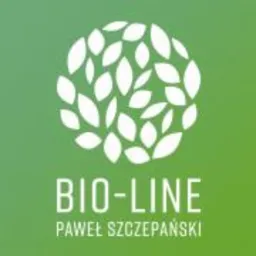 Logo firmy BIO-LINE Pawel Szczepański z motywem liści ułożonych w okrąg, na gradientowym tle od jasnozielonego do ciemnozielonego.