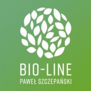 Logo firmy BIO-LINE Pawel Szczepański z motywem liści ułożonych w okrąg, na gradientowym tle od jasnozielonego do ciemnozielonego.