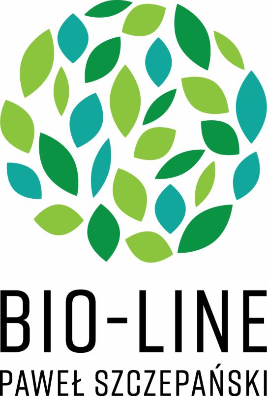 Logo firmy BIO-LINE Pawel Szczepanski z motywem zielonych i turkusowych liści ułożonych w okrąg.