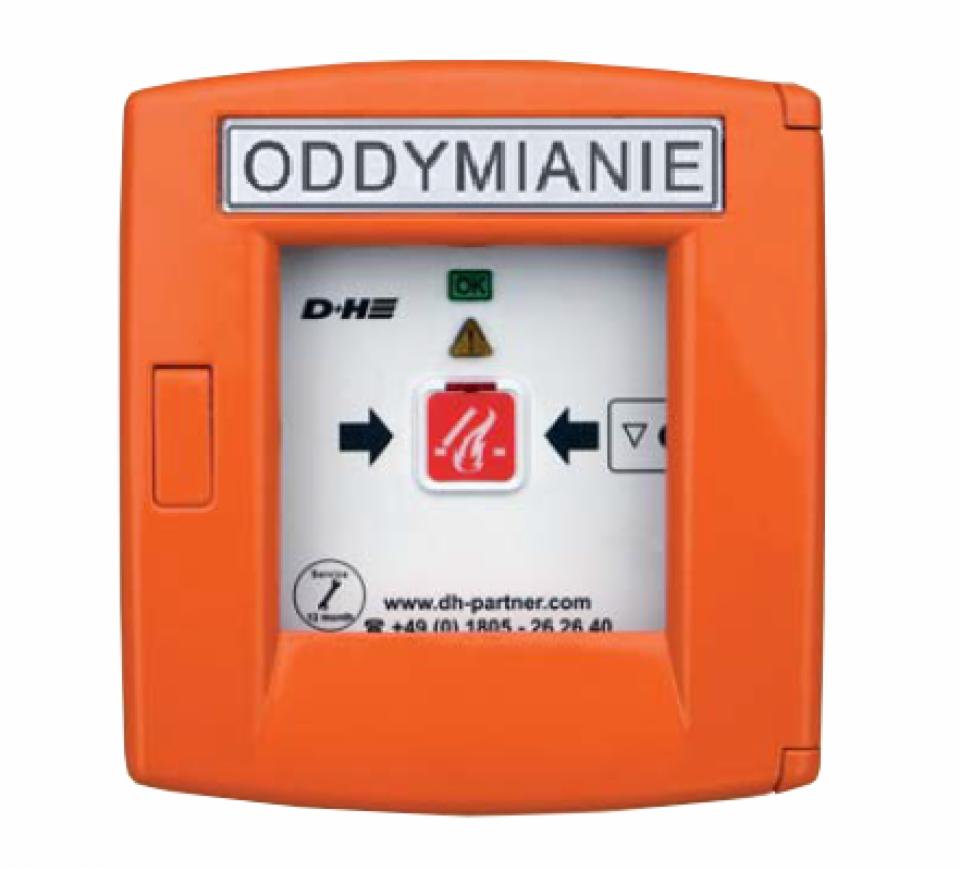 Pomarańczowy panel sterowania systemem oddymiania z przyciskiem alarmowym, strzałkami kierunkowymi i napisem 'ODDYMIANIE'.