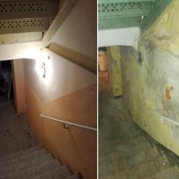 Larem-bud - Porównanie stanu schodów przed i po remoncie: odrapane ściany w żółtych odcieniach kontra świeżo pomalowana klatka schodowa w odcieniach brązu i bieli z nową lampą.