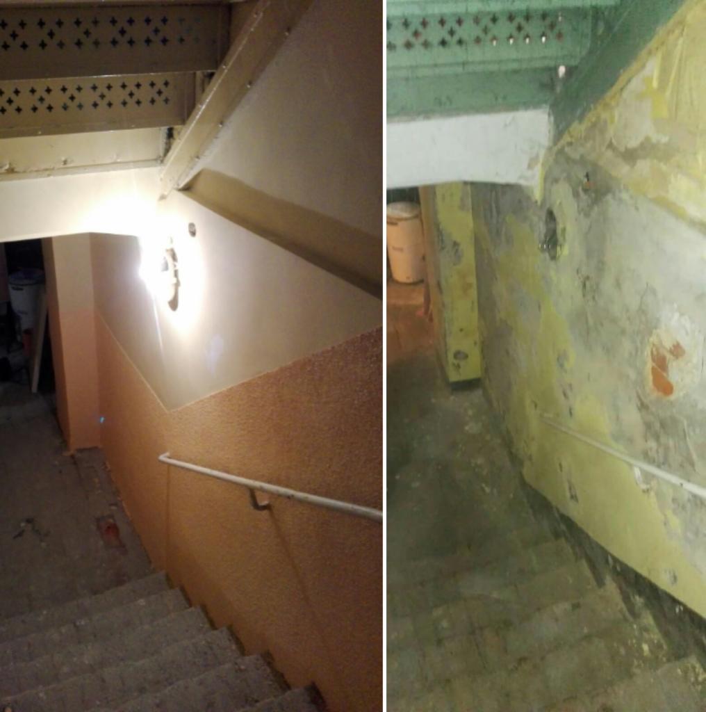 Porównanie stanu schodów przed i po remoncie: odrapane ściany w żółtych odcieniach kontra świeżo pomalowana klatka schodowa w odcieniach brązu i bieli z nową lampą.