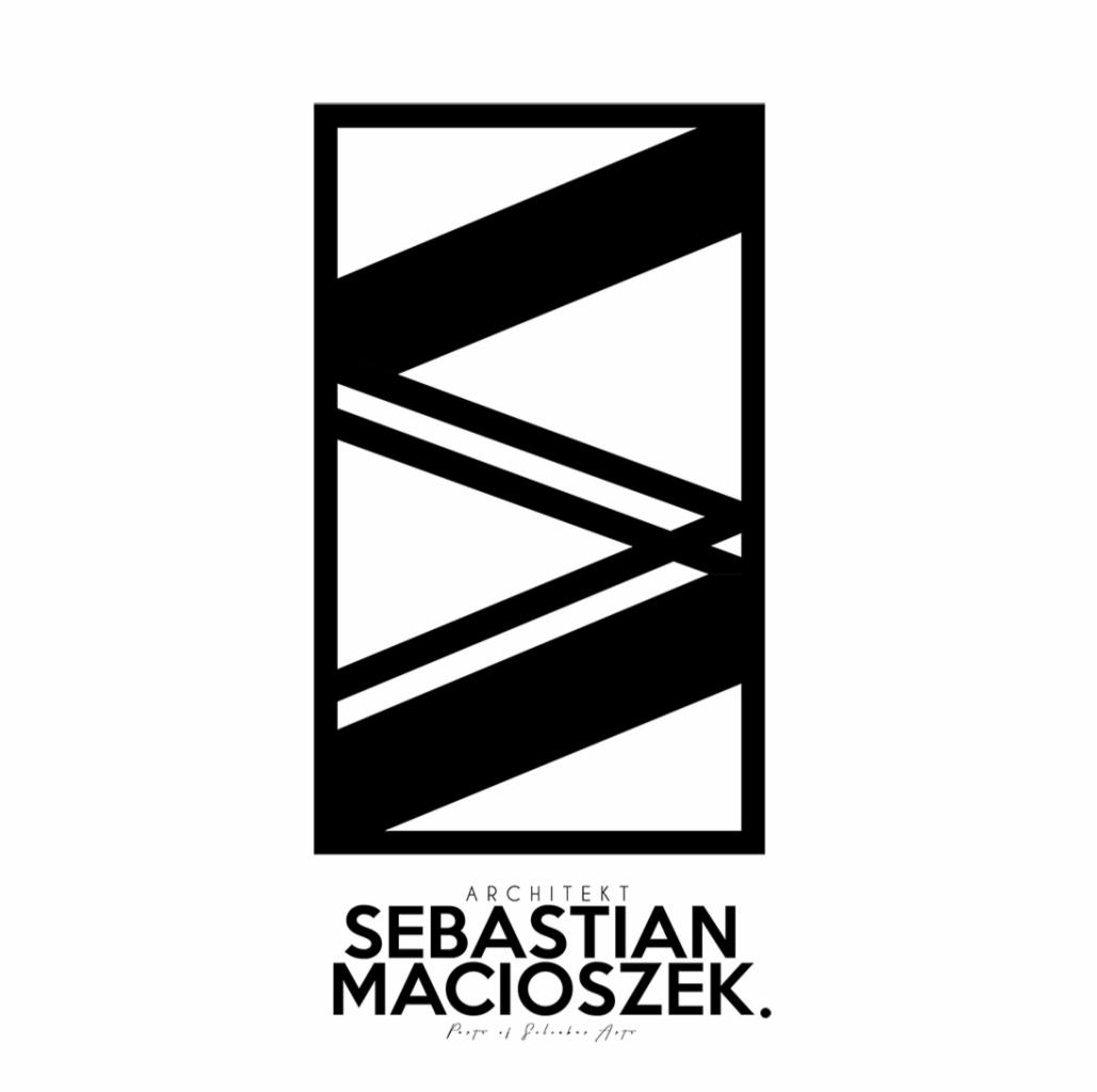 Minimalistyczne logo architekta Sebastiana Macioszka w czerni i bieli, z geometrycznym symbolem w kształcie litery S w kwadracie.